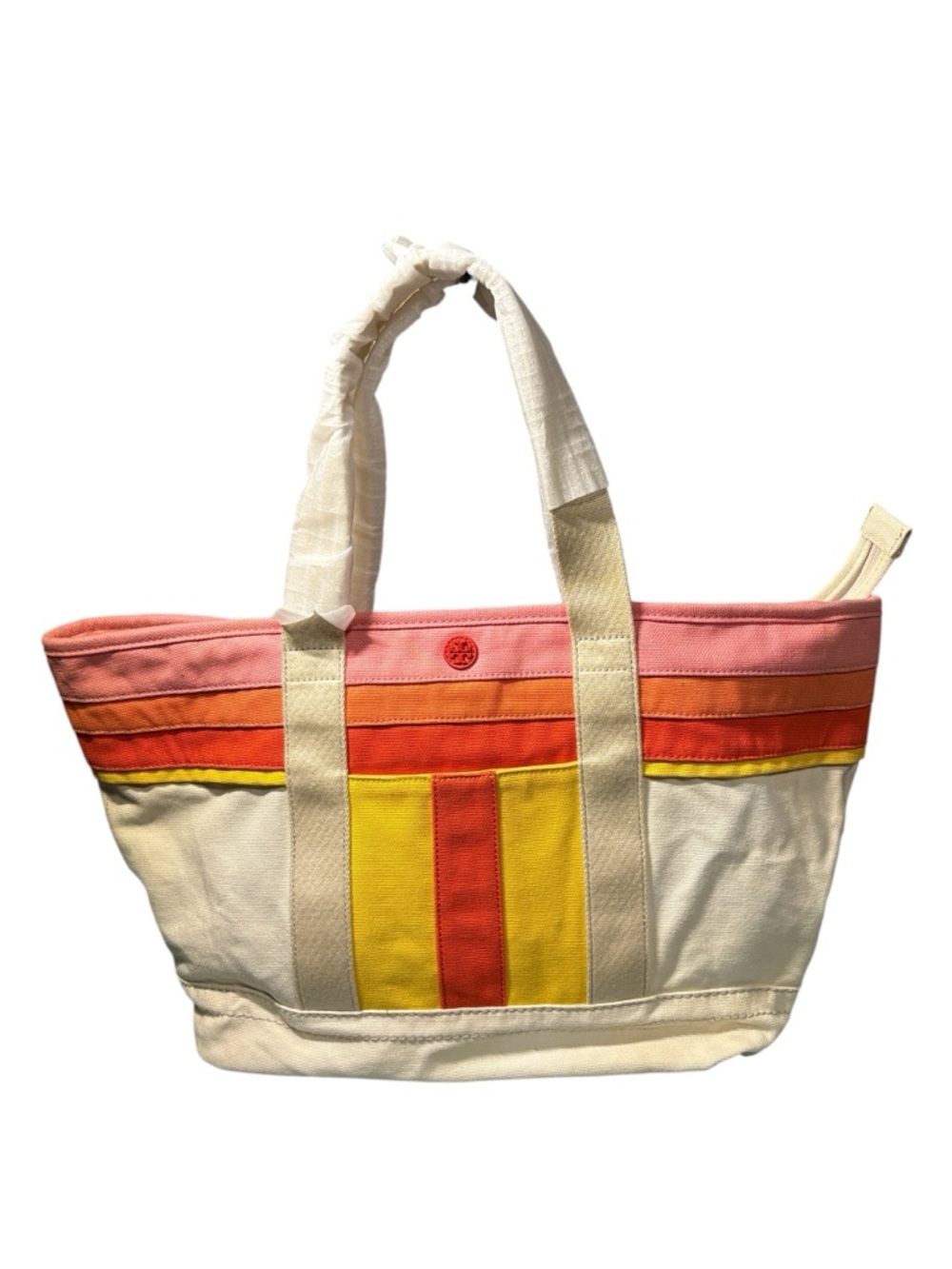 TORY BURCH Racer Canvas Tote Bag Natural Multi Color Stripe Shopper